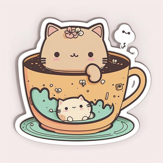 Hay una pegatina de un gato y un gato en una taza generativa ai