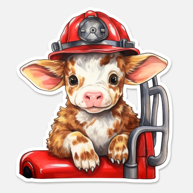 Hay una pegatina de una vaca con sombrero de bombero.