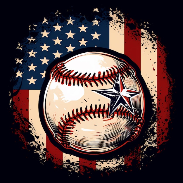 Foto hay una pelota de béisbol con una estrella en ella en frente de una bandera estadounidense generativa ai
