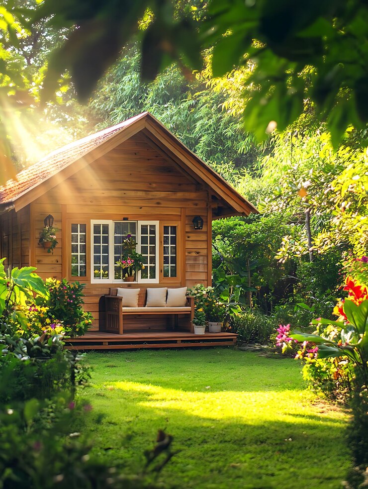 hay una pequeña cabaña de madera con un sofá en el patio