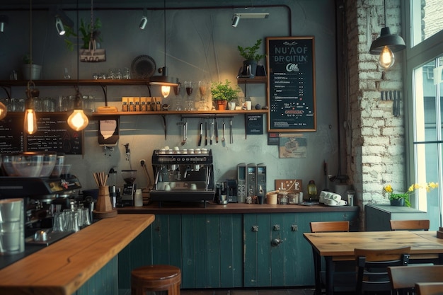 Hay una pequeña cafetería con mucho espacio en el mostrador.