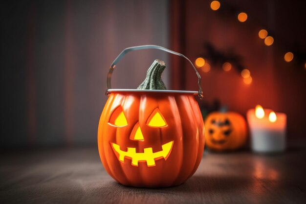 Hay una pequeña calabaza con una cara tallada en ella.