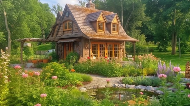 Hay una pequeña casa en el medio de un jardín generativo ai