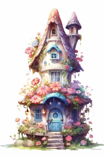 hay una pequeña casa con una puerta azul y un techo de flores rosas ai generativo