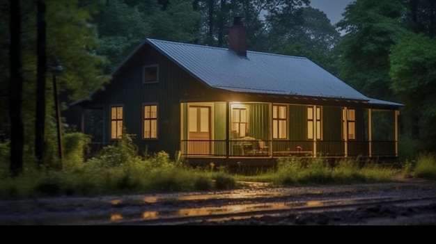 Hay una pequeña casa que está iluminada por la noche generativa ai