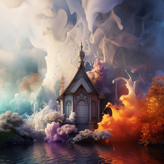 hay una pequeña iglesia en medio de un lago rodeada de nubes generativas ai