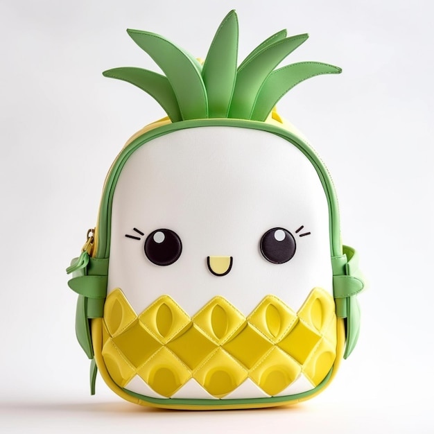 Hay una pequeña mochila con una piña en ella.