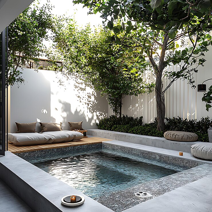 hay una pequeña piscina en el medio de un patio