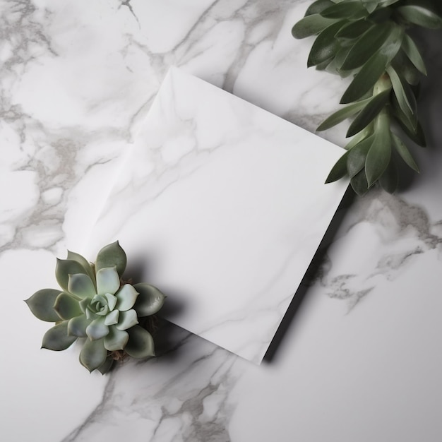 Hay una pequeña planta que está sentada en una mesa de mármol generativa ai