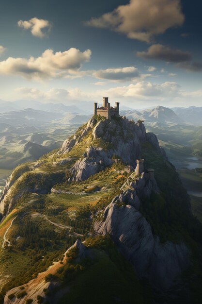 Foto hay una pequeña torre en una montaña con un cielo nublado generativo ai