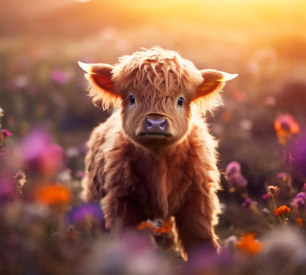 Hay una pequeña vaca de pie en un campo de flores ai generativo