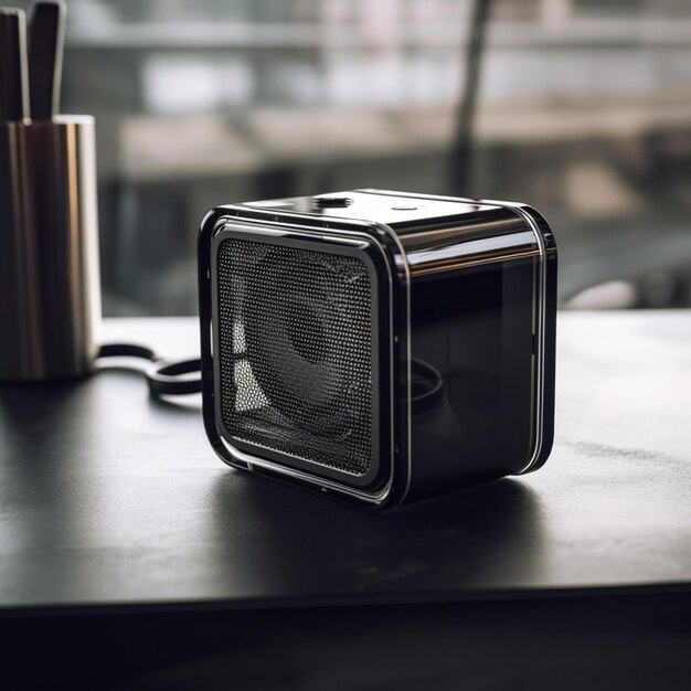 Foto hay un pequeño altavoz sentado en una mesa al lado de una taza generativa ai