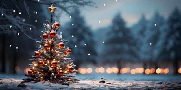 hay un pequeño árbol de Navidad con adornos en la nieve IA generativa