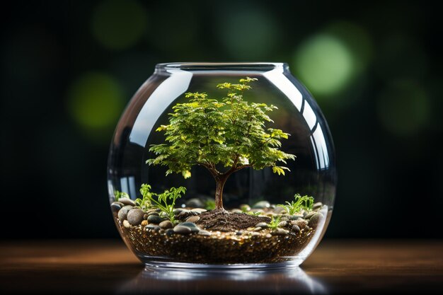 hay un pequeño árbol en un recipiente de vidrio sobre una mesa ai generativa