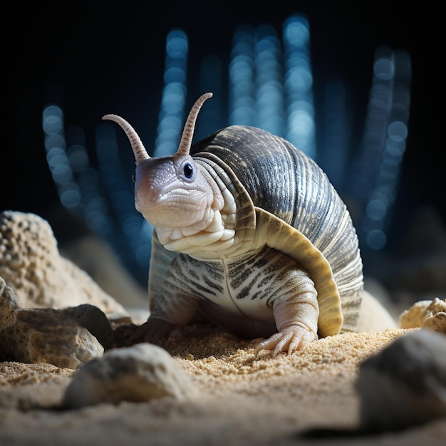 hay un pequeño caracol que está sentado en la arena generativa ai