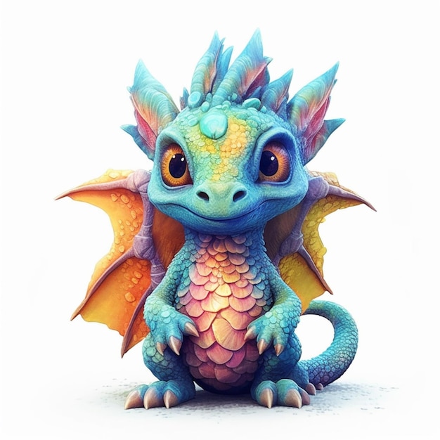 Hay un pequeño dragón azul con cola amarilla y alas generativas ai