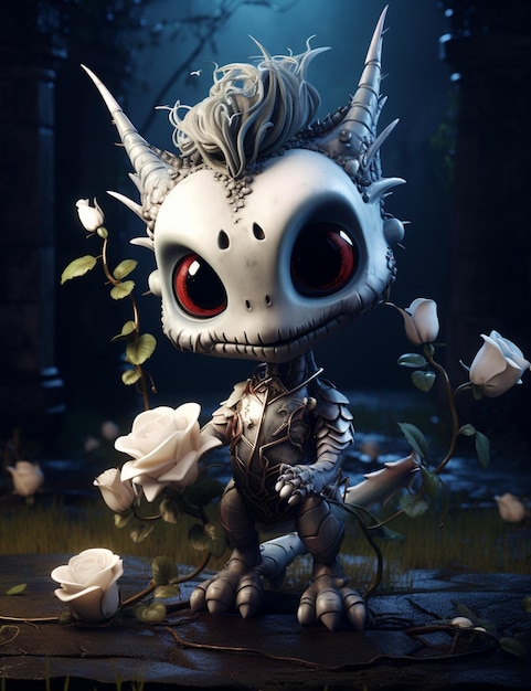 Hay un pequeño esqueleto blanco con cuernos y una rosa en su mano generativa ai