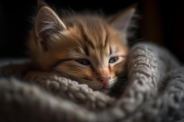 Hay un pequeño gatito que está acostado sobre una manta ai generativo.