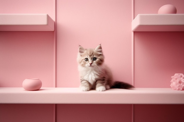 Hay un pequeño gatito sentado en un estante en una habitación rosa ai generativa