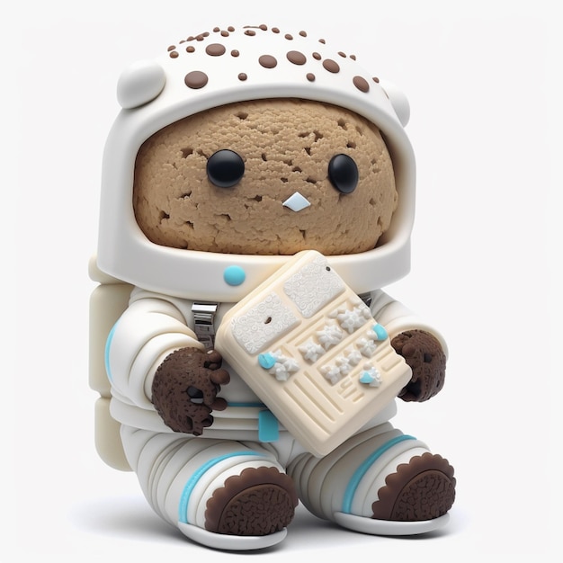 Hay un pequeño juguete de un astronauta de galletas que sostiene una galleta generativa ai