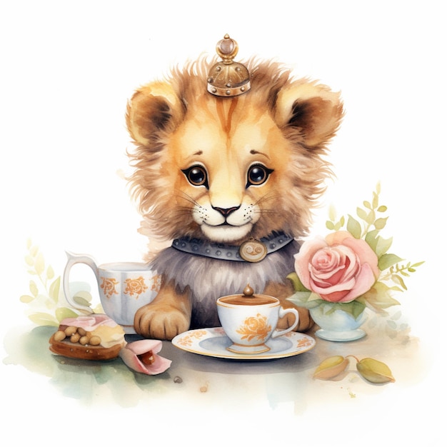 hay un pequeño león sentado en una mesa con una taza de té generativo ai