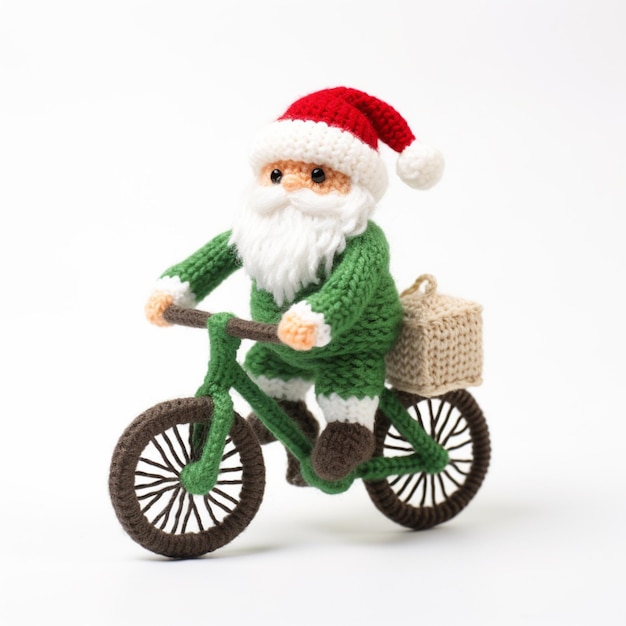 Hay un pequeño Papá Noel de punto montando una bicicleta generativa ai