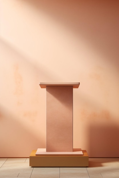 hay un pequeño pedestal rosa en una habitación con una pared ai generativa