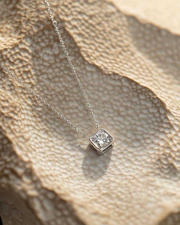 hay un pequeño pendiente de diamante cuadrado en una cadena
