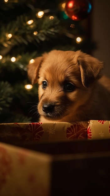 Hay un pequeño perro que está sentado en una caja ai generativa.