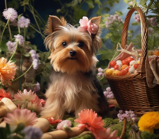 Foto hay un pequeño perro sentado en una canasta con flores generativo ai