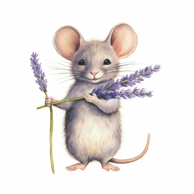 Hay un pequeño ratón que sostiene una flor en su mano ai generativo
