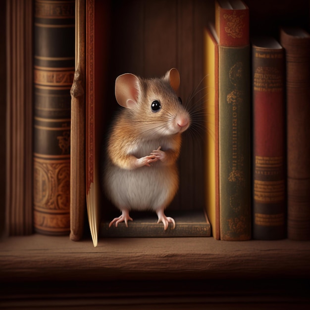 Foto hay un pequeño ratón sentado en un estante de libros al lado de un libro generativo ai