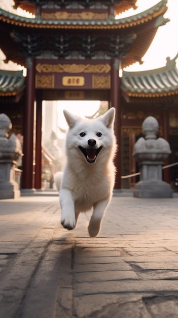 hay un perro blanco corriendo frente a un edificio con IA generativa