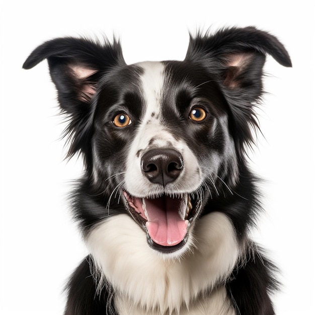 Hay un perro blanco y negro con una gran sonrisa en su rostro ai generativo.