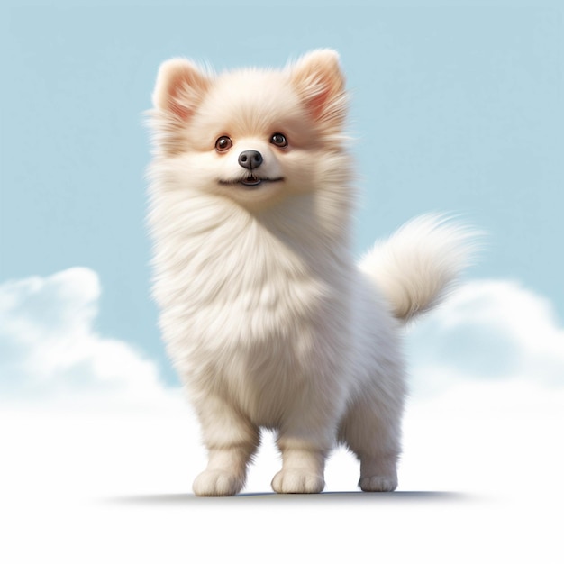 Hay un perro blanco parado sobre una superficie blanca con nubes en el fondo ai generativo