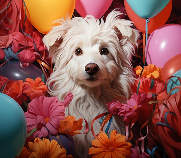 hay un perro blanco rodeado de globos y flores ai generativo