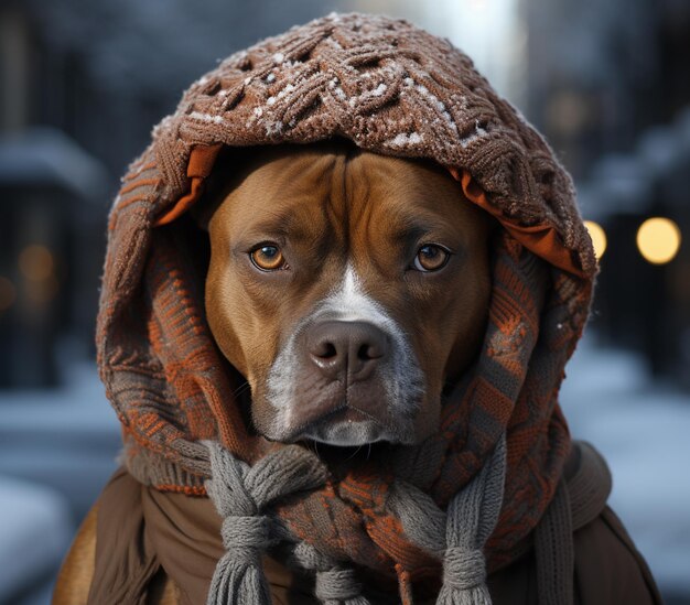 Foto hay un perro con una bufanda y un sombrero en una calle generativa ai