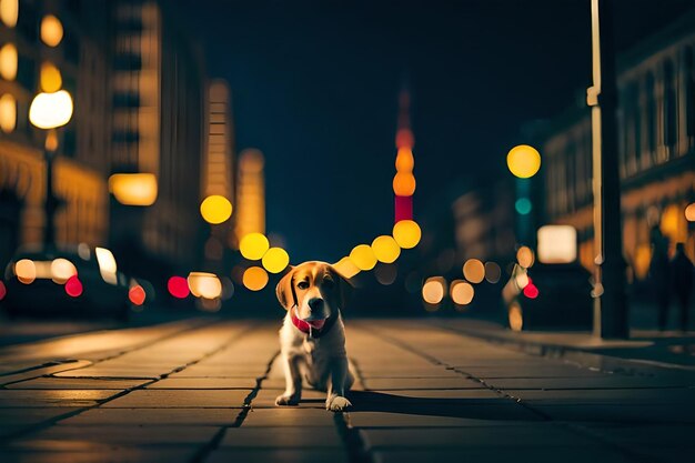 Hay un perro en la calle con las luces encendidas.