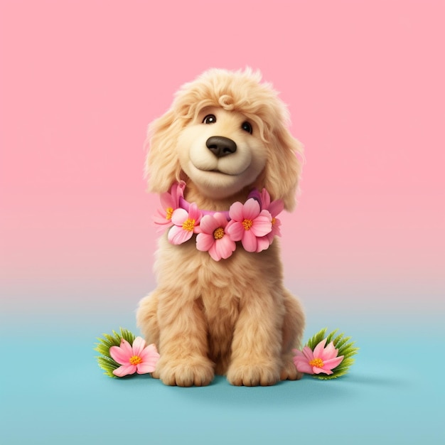 Hay un perro con un collar de flores sentado en un fondo rosa y azul generativo ai