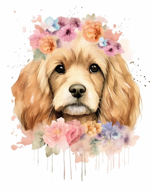 Hay un perro con una corona de flores en la cabeza ai generativo