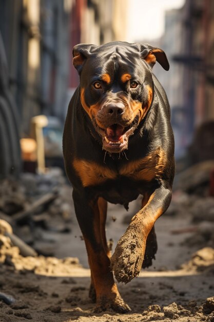 hay un perro corriendo en la tierra con una pelota en la boca ai generativa