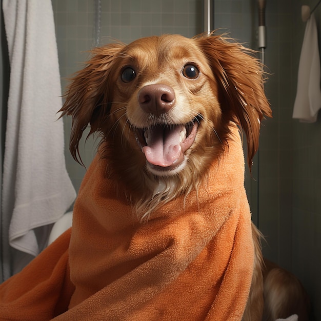 hay un perro envuelto en una toalla en un baño generativo ai