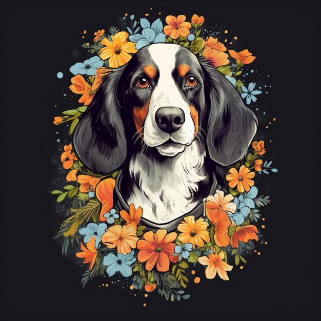 hay un perro con flores alrededor de la cabeza ai generativa