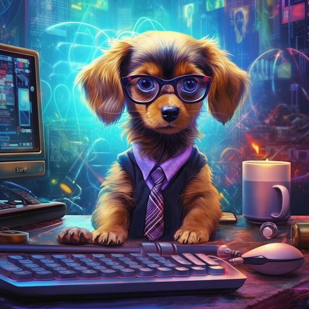 Hay un perro con gafas sentado en un escritorio con un teclado generativo ai
