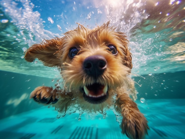 Hay un perro nadando en el agua con la boca abierta generativa ai