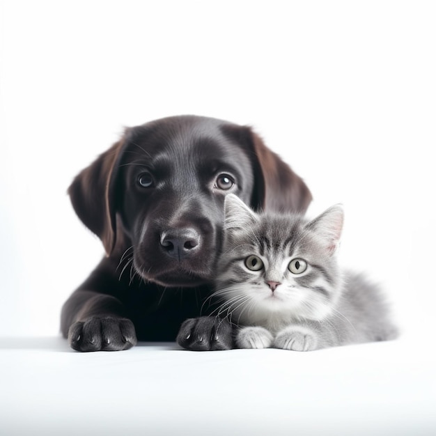 Hay un perro negro y un gato gris sobre una superficie blanca generativa ai