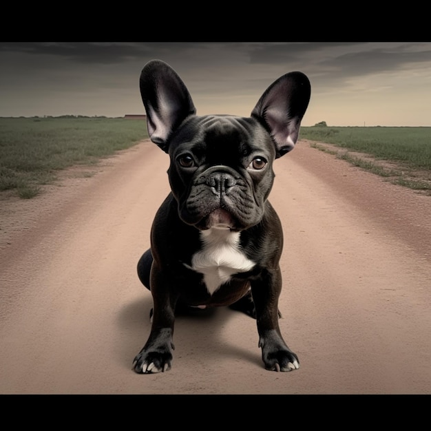 Hay un perro negro sentado en un camino de tierra generativo ai