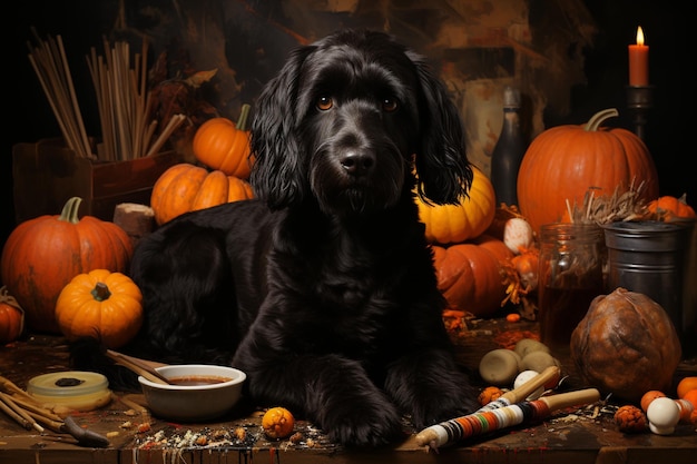 hay un perro negro sentado frente a una mesa con calabazas ai generativo