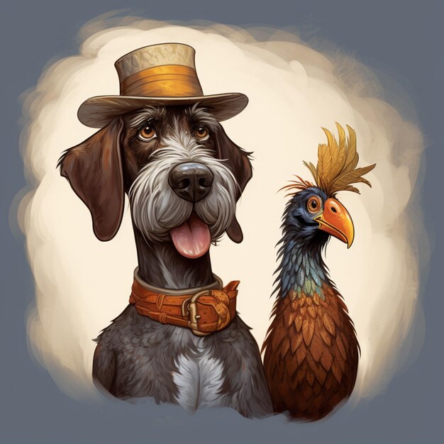 Foto hay un perro y un pájaro que llevan sombreros ai generativo