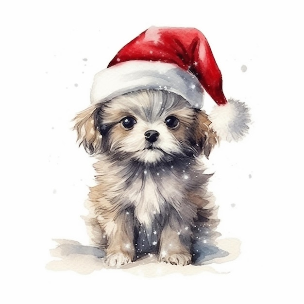 hay un perro pequeño con un gorro de Papá Noel sobre un fondo blanco ai generativo